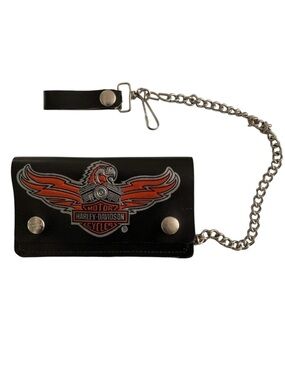 Harley Davidson Black Leather Chain Wallet Vintage Bar Shield Eagle Made in USA